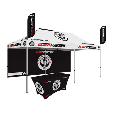 Custom Canopy Tent with Back Wall, Feather Flags & Table Cover