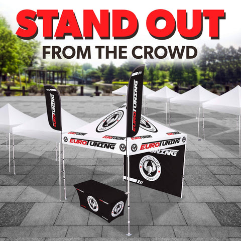 Custom Canopy Tent with Back Wall, Feather Flags & Table Cover