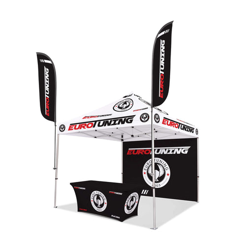 Custom Canopy Tent with Back Wall, Feather Flags & Table Cover