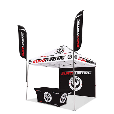 Custom Canopy Tent with Back Wall, Feather Flags & Table Cover