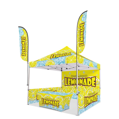Custom Canopy Tent with Full Back, Half Side Walls, Feather Flags & Table Cover