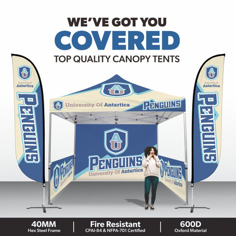 Custom Canopy Tent with Full Back Wall, Half Side Walls & Feather Flags