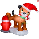 4' Gemmy Airblown Inflatable Christmas Dog Peeing on Fire Hydrant w/ Santa Hat and Candy Cane