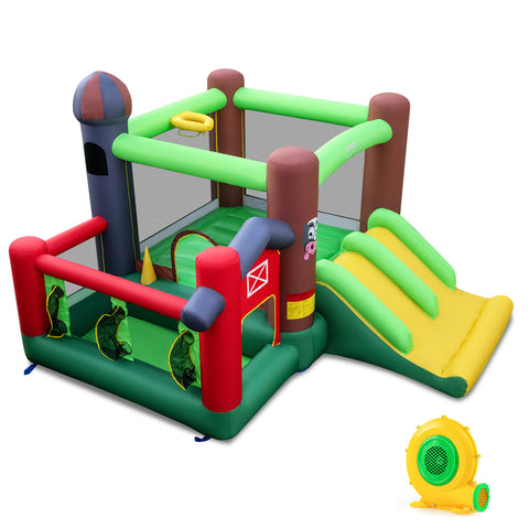Kids Castle Slide Bouncer 6-in-1 Inflatable Castle with Trampoline and 680W Blower