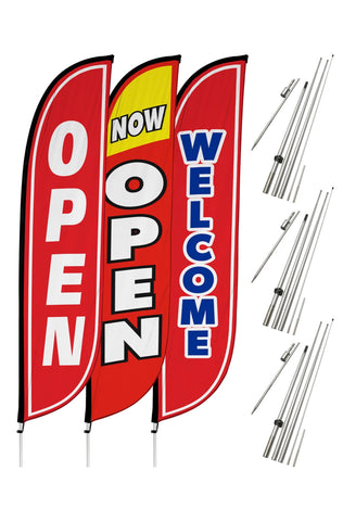 Grand Opening Feather Flag - Variety 3-Pack V2 w/ Ground Spike Pole Set