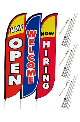 Grand Opening Feather Flag - Variety 3-Pack V1 w/ Ground Spike Pole Set