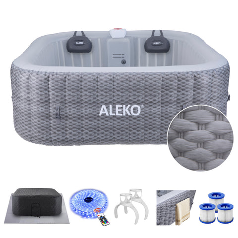 ALEKO NEW Charcoal Inflatable Jetted Square Hot Tub with LED Lights - 6 Person - Hemp Rope Pattern
