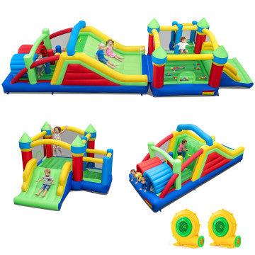 Inflatable Obstacle Course Bounce House with Dual Slides with 2 680W Blower