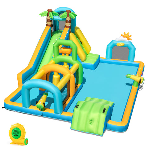 Inflatable Water Slide Tropical Theme Dual Slide Aqua Park with 680W Blower