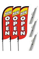 Now Open Feather Flag - 3 Pack w/ Ground Spike Pole Set