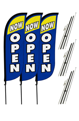 Now Open Feather Flag - 3 Pack w/ Ground Spike Pole Set