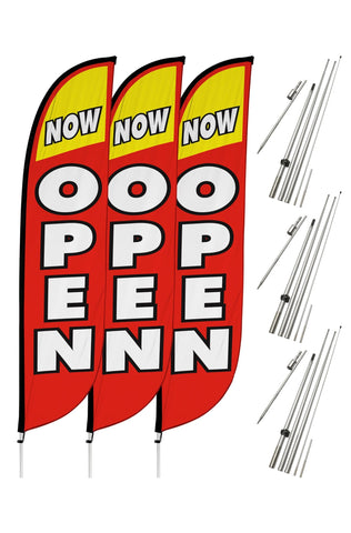 Now Open Feather Flag - 3 Pack w/ Ground Spike Pole Set