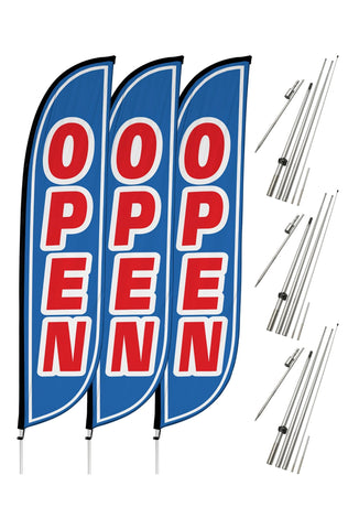 Open Feather Flag - 3 Pack w/ Ground Spike Pole Set