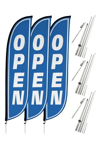 Open Feather Flag - 3 Pack w/ Ground Spike Pole Set