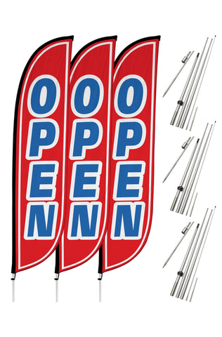 Open Feather Flag - 3 Pack w/ Ground Spike Pole Set