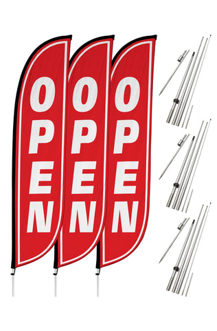 Open Feather Flag - 3 Pack w/ Ground Spike Pole Set