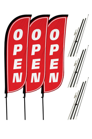 Open Feather Flag - 3 Pack w/ Ground Spike Pole Set