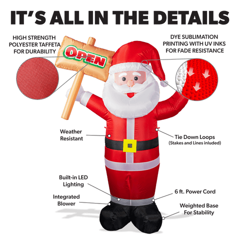 6ft Santa Lawn Inflatable with "Open" Sign