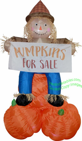 7 1/2' Air Blown Inflatable Thanksgiving Scarecrow sitting on Pumpkin w/ Banner