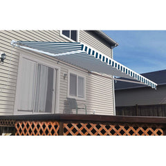 10 x 8 Feet Blue and White Striped Retractable White Frame Patio Awning by Aleko