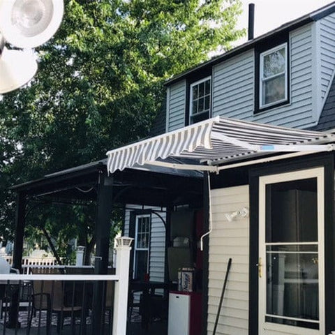 Aleko Awnings 10 x 8 Feet Gray and White Motorized Retractable White Frame Patio Awning Striped by Aleko 781880237709 AWM10X8GREYWHT-AP 10 x 8 Feet Gray and White Motorized Retractable Patio Awning Striped