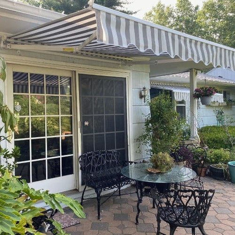 Aleko Awnings 10 x 8 Feet Gray and White Motorized Retractable White Frame Patio Awning Striped by Aleko 781880237709 AWM10X8GREYWHT-AP 10 x 8 Feet Gray and White Motorized Retractable Patio Awning Striped