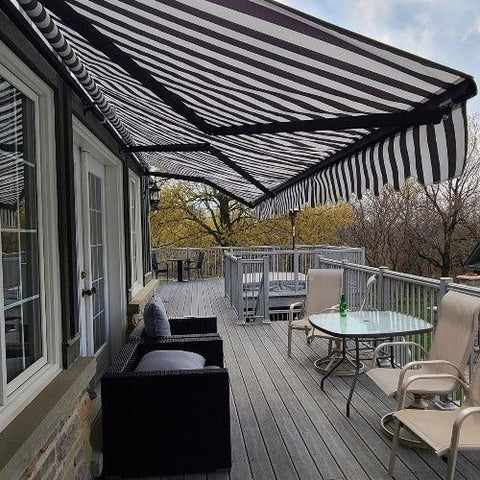 Aleko Awnings 10 x 8 Feet Gray and White Motorized Retractable White Frame Patio Awning Striped by Aleko 781880237709 AWM10X8GREYWHT-AP 10 x 8 Feet Gray and White Motorized Retractable Patio Awning Striped