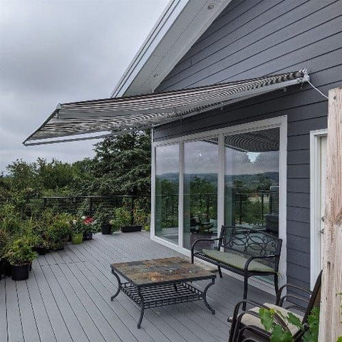 Aleko Awnings 10 x 8 Feet Gray and White Motorized Retractable White Frame Patio Awning Striped by Aleko 781880237709 AWM10X8GREYWHT-AP 10 x 8 Feet Gray and White Motorized Retractable Patio Awning Striped