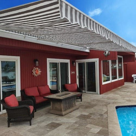 Aleko Awnings 10 x 8 Feet Gray and White Motorized Retractable White Frame Patio Awning Striped by Aleko 781880237709 AWM10X8GREYWHT-AP 10 x 8 Feet Gray and White Motorized Retractable Patio Awning Striped