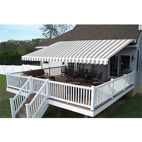 Aleko Awnings 10 x 8 Feet Gray and White Motorized Retractable White Frame Patio Awning Striped by Aleko 781880237709 AWM10X8GREYWHT-AP 10 x 8 Feet Gray and White Motorized Retractable Patio Awning Striped