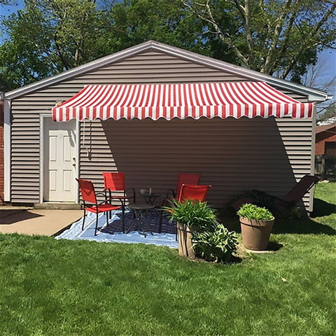 Aleko Awnings 10 x 8 Feet Red and White Stripe Retractable White Frame Patio Awning by Aleko 781880247371 AW10X8RWSTR05-AP 10x8 Ft Red White Stripe Retractable White Frame Patio Awning by Aleko