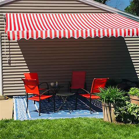 Aleko Awnings 10 x 8 Feet Red and White Stripe Retractable White Frame Patio Awning by Aleko 781880247371 AW10X8RWSTR05-AP 10x8 Ft Red White Stripe Retractable White Frame Patio Awning by Aleko