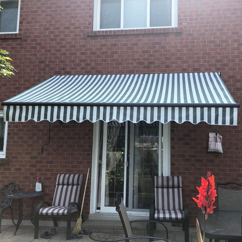 Aleko Awnings 10 x 8 Feet Retractable Black Frame Patio Awning - Gray and White Stripes by Aleko 703980253793 AB10X8GREYWHT-AP 10x8 Ft Retractable Black Frame Patio Awning Gray White Stripes Aleko