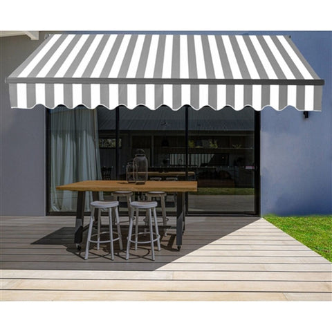 Aleko Awnings 10 x 8 Feet Retractable Black Frame Patio Awning - Gray and White Stripes by Aleko 703980253793 AB10X8GREYWHT-AP 10x8 Ft Retractable Black Frame Patio Awning Gray White Stripes Aleko