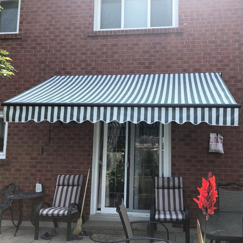 Aleko Awnings 10 x 8 Feet Retractable Black Frame Patio Awning - Gray and White Stripes by Aleko 703980253793 AB10X8GREYWHT-AP 10x8 Ft Retractable Black Frame Patio Awning Gray White Stripes Aleko