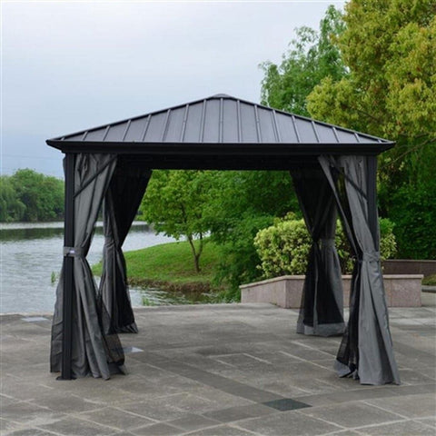 Aleko Canopies & Gazebos 10 x 10 Feet Black Aluminum and Steel Hardtop Gazebo with Mosquito Net and Curtain by Aleko 655222807526 GZMC10X10-AP 10x10 ft Black Aluminum & Steel Hardtop Gazebo w/ Mosquito Net Curtain