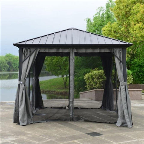 Aleko Canopies & Gazebos 10 x 10 Feet Black Aluminum and Steel Hardtop Gazebo with Mosquito Net and Curtain by Aleko 655222807526 GZMC10X10-AP 10x10 ft Black Aluminum & Steel Hardtop Gazebo w/ Mosquito Net Curtain