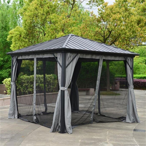 Aleko Canopies & Gazebos 10 x 10 Feet Black Aluminum and Steel Hardtop Gazebo with Mosquito Net and Curtain by Aleko 655222807526 GZMC10X10-AP 10x10 ft Black Aluminum & Steel Hardtop Gazebo w/ Mosquito Net Curtain