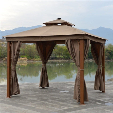 Aleko Canopies & Gazebos 10 x 10 Feet Sand Color Double Roof Aluminum Gazebo with Wooden Finish and Curtain by Aleko 703980250976 GZC10X10W-AP 10x10 Feet Sand Double Roof Aluminum Gazebo w/ Wooden Finish & Curtain