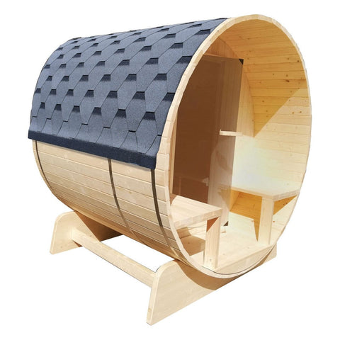 Aleko Saunas 3-5 Person 4.5 kW ETL Certified Outdoor or Indoor White Finland Pine Bitumen Shingle Roofing  Wet Dry Barrel Sauna by Aleko 649870025081 SB5PINECP-AP 3-5 Person 4.5kW ETL Finland Pine Bitumen Shingle Roofing Barrel Sauna