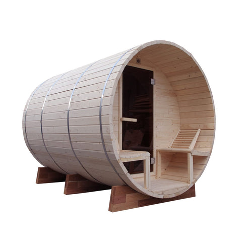 Aleko Saunas 4 Person Outdoor or Indoor White Finland Pine Wet Dry Barrel Sauna Front Porch Canopy 8 kW ETL Certified Heater by Aleko 781880219866 SB8PINECP-AP 4 Person Outdoor or Indoor White Finland Pine Wet Dry Barrel Sauna 