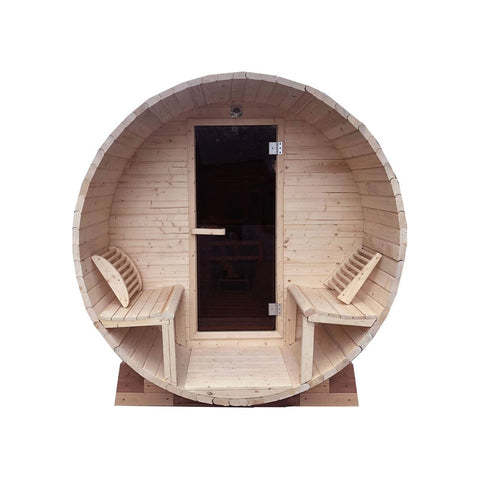 Aleko Saunas 4 Person Outdoor or Indoor White Finland Pine Wet Dry Barrel Sauna Front Porch Canopy 8 kW ETL Certified Heater by Aleko 781880219866 SB8PINECP-AP 4 Person Outdoor or Indoor White Finland Pine Wet Dry Barrel Sauna 