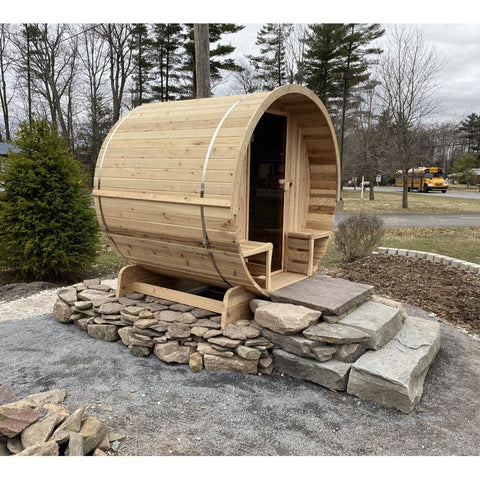 Aleko Saunas 5 Person Outdoor or Indoor White Finland Pine Wet Dry Barrel Sauna Front Porch Canopy 4.5 kW ETL Certified by Aleko 649870025081 SB5PINECP-AP 5 Person Outdoor or Indoor White Finland Pine Sauna Front Porch Canopy
