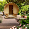Image of Aleko Saunas 5 Person Outdoor or Indoor White Finland Pine Wet Dry Barrel Sauna Front Porch Canopy 4.5 kW ETL Certified by Aleko 649870025081 SB5PINECP-AP 5 Person Outdoor or Indoor White Finland Pine Sauna Front Porch Canopy