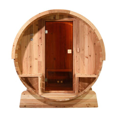 Aleko Saunas 6 Person 6 kW Harvia KIP Heater Outdoor Rustic Cedar Barrel Steam Sauna Front Porch Canopy by Aleko 781880253785 SB6CED-AP 6 Person 6 kW Harvia KIP Outdoor Rustic Cedar Barrel Sauna by Aleko