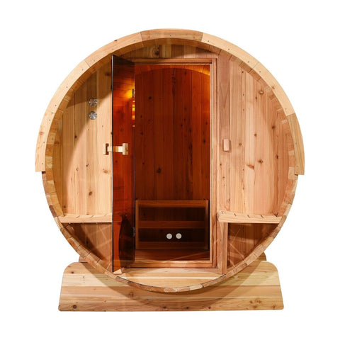 Aleko Saunas 6 Person 6 kW Harvia KIP Heater Outdoor Rustic Cedar Barrel Steam Sauna Front Porch Canopy by Aleko 781880253785 SB6CED-AP 6 Person 6 kW Harvia KIP Outdoor Rustic Cedar Barrel Sauna by Aleko