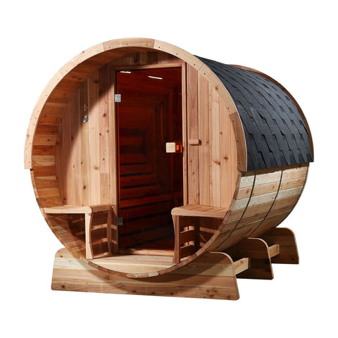 Aleko Saunas 6 Person 6 kW Harvia KIP Heater Outdoor Rustic Cedar Barrel Steam Sauna Front Porch Canopy by Aleko 781880253785 SB6CED-AP 6 Person 6 kW Harvia KIP Outdoor Rustic Cedar Barrel Sauna by Aleko