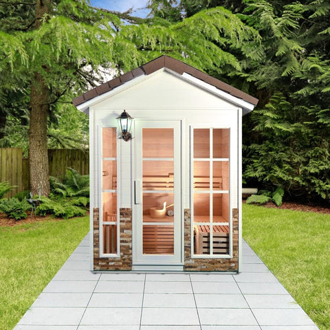 Aleko Saunas 6 Person Stone Finish Outdoor Canadian Red Cedar Wet Dry Sauna 6 kW ETL Electrical Heater by Aleko 781880235453 CED6PORI-AP 6 Person Stone Finish Outdoor Canadian Red Cedar Wet Dry Sauna