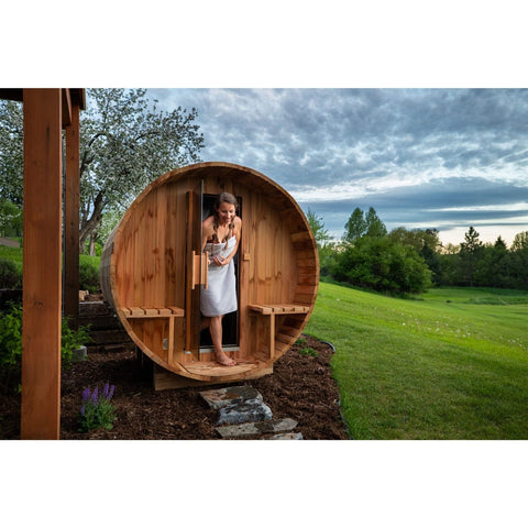 Aleko Saunas 8 Person Outdoor or Indoor Western Red Cedar Wet Dry Barrel Sauna Front Porch Canopy 9 kW ETL Certified Heater by Aleko 781880254645 SB8CEDARCP-AP 8 Person Outdoor or Indoor Western Red Cedar Wet Dry Barrel Sauna 