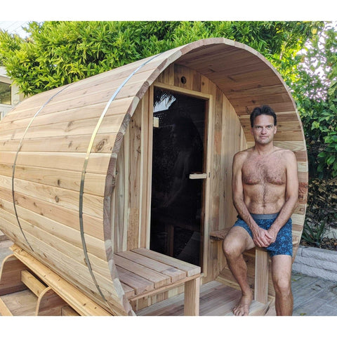 Aleko Saunas 8 Person Outdoor or Indoor Western Red Cedar Wet Dry Barrel Sauna Front Porch Canopy 9 kW ETL Certified Heater by Aleko 781880254645 SB8CEDARCP-AP 8 Person Outdoor or Indoor Western Red Cedar Wet Dry Barrel Sauna 